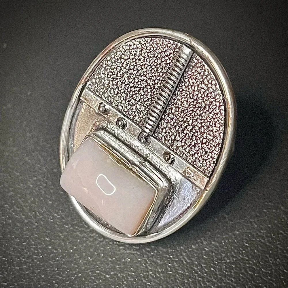 New Artisan Pink Opal Gemstone 925 Sterling Silver Tribal Shield Ring Size: 7.25
